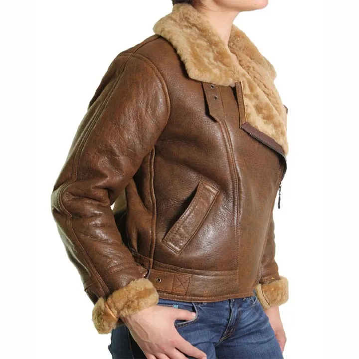 Women's Brown Fur Shearling Flying Bomber Aviator Jacket