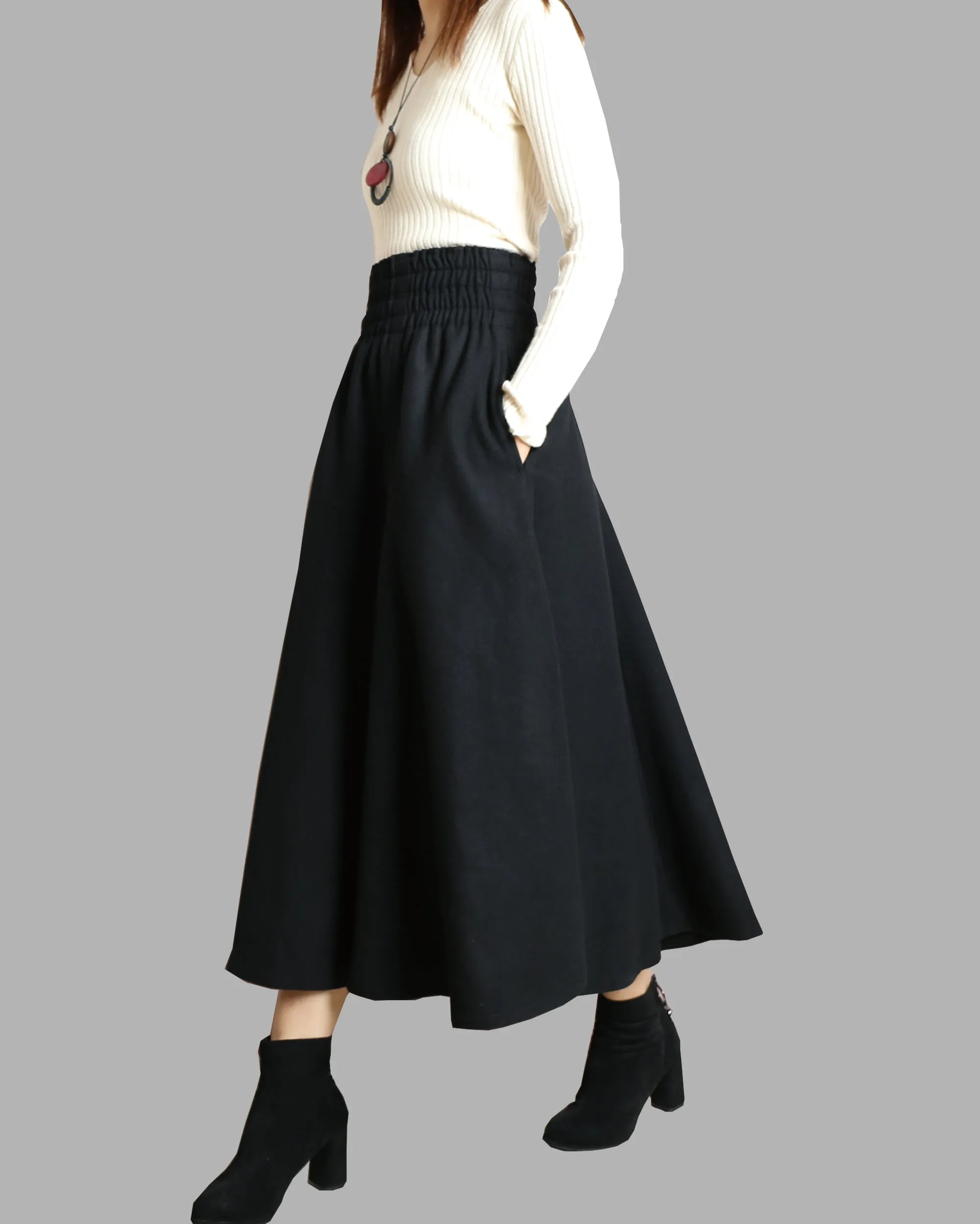 Women's elastic waist skirt/winter skirt/wool skirt/flared skirt/maxi skirt/ankle length skirt(Q1099)