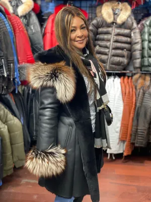 Women's Real Sheepskin 3/4 Coat With Fox