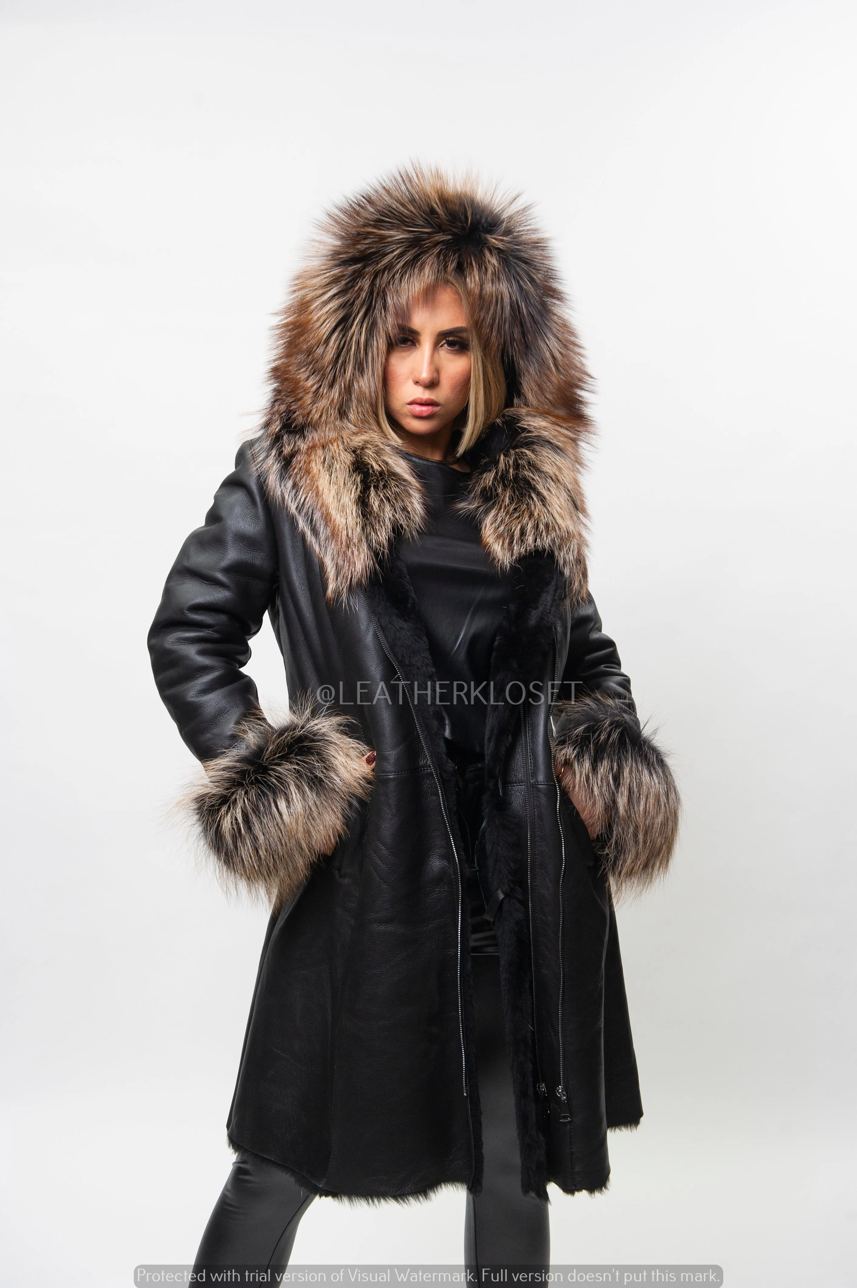 Women's Real Sheepskin 3/4 Coat With Fox