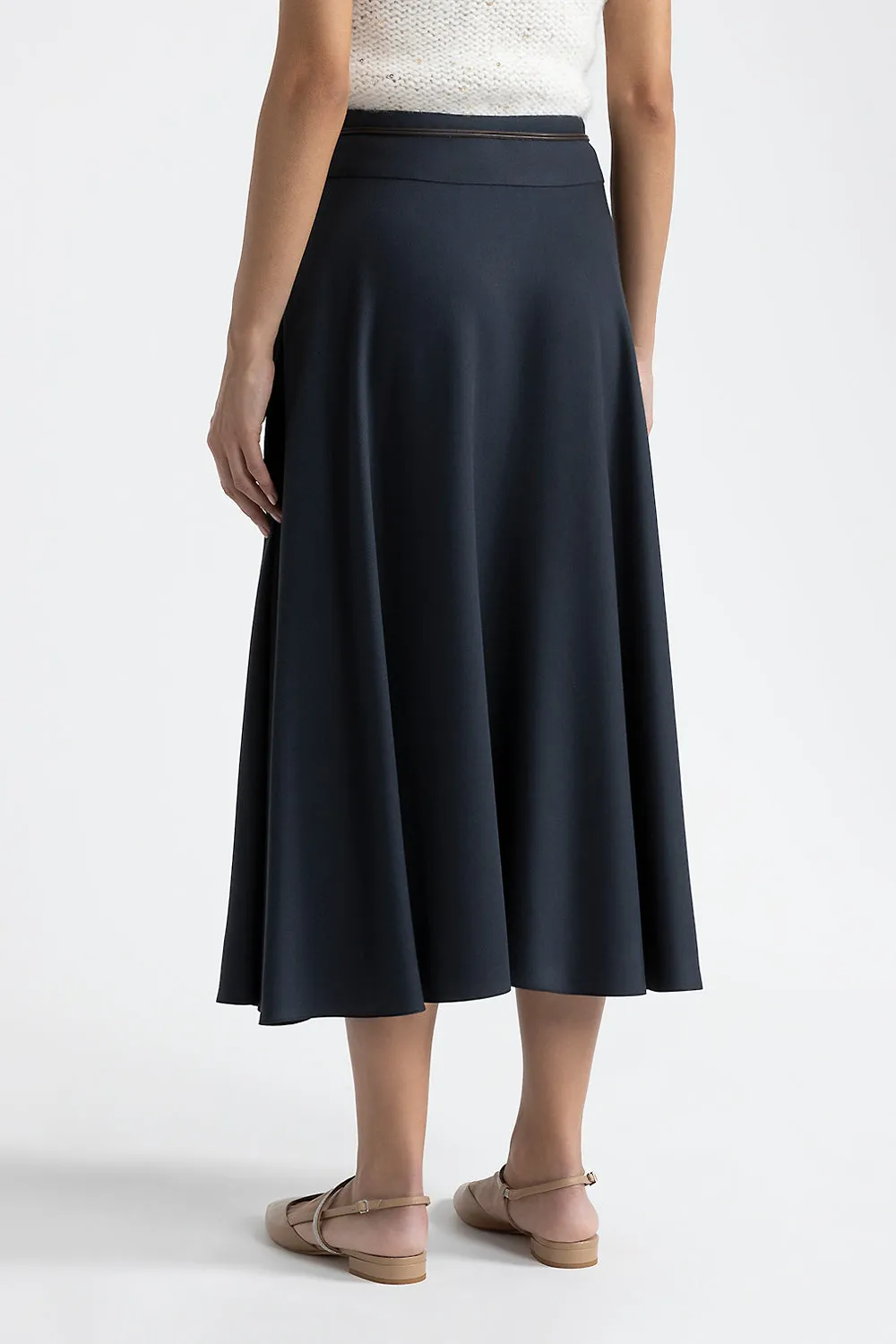 Wool and viscose twill long skirt with belt