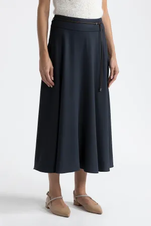 Wool and viscose twill long skirt with belt