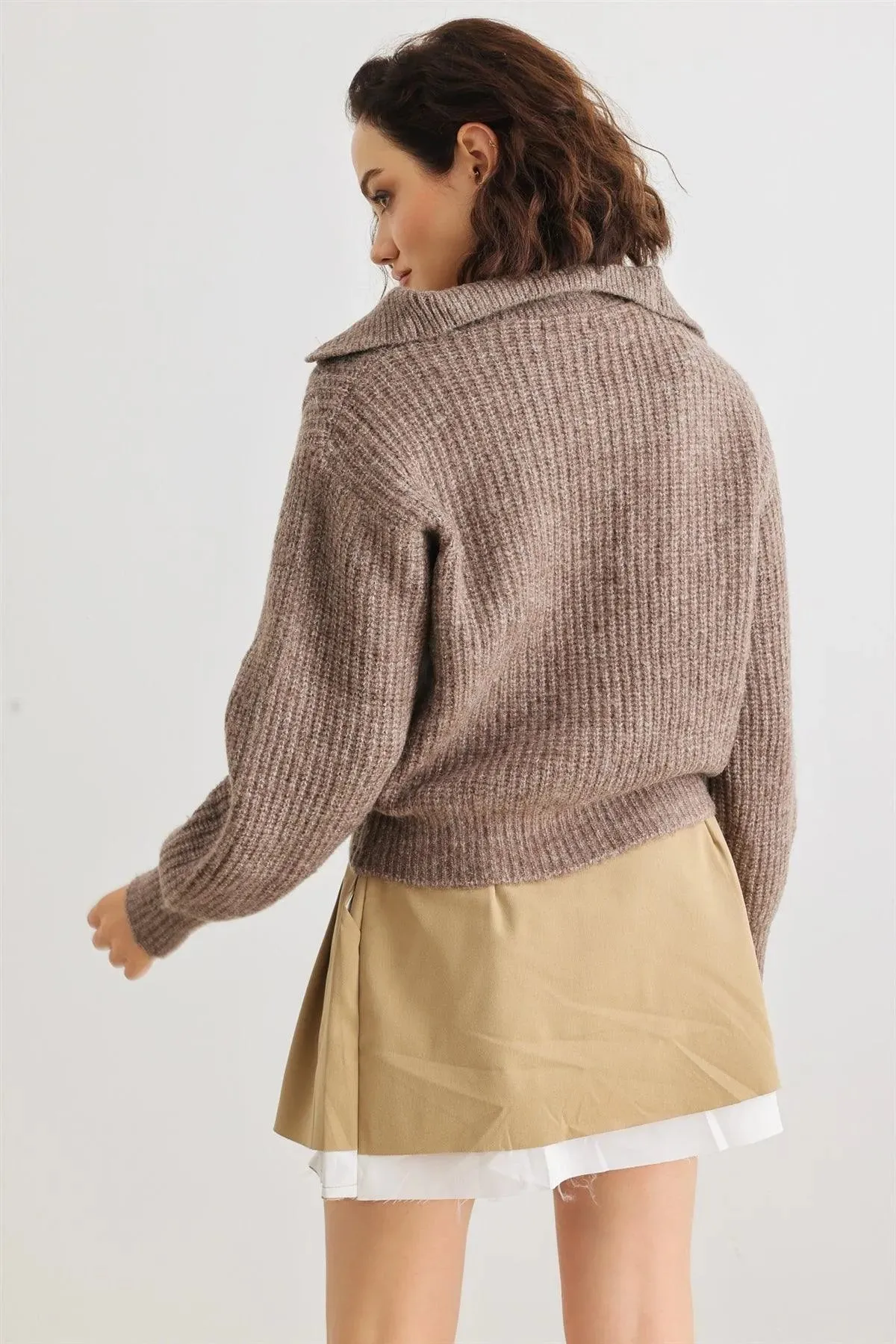 Wool Knit Button-Up Neck Crop Sweater Pullover