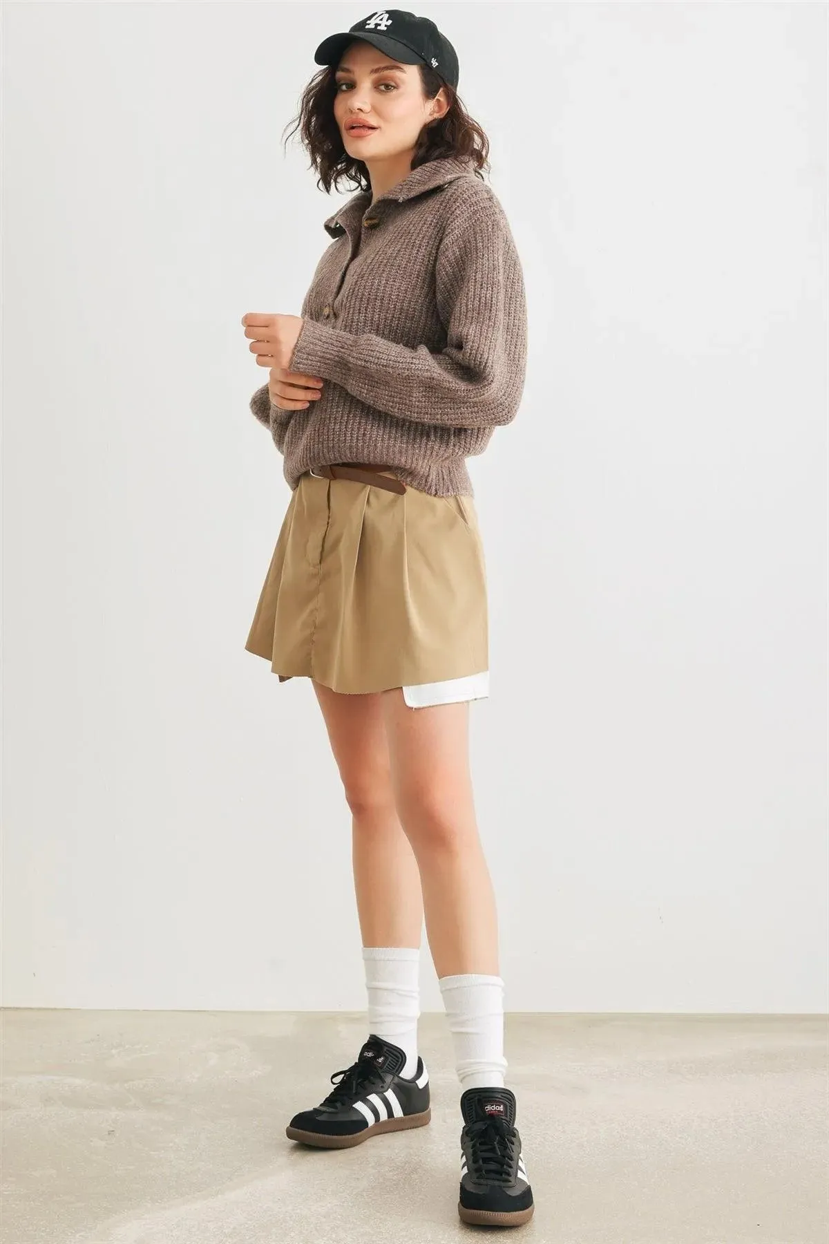 Wool Knit Button-Up Neck Crop Sweater Pullover