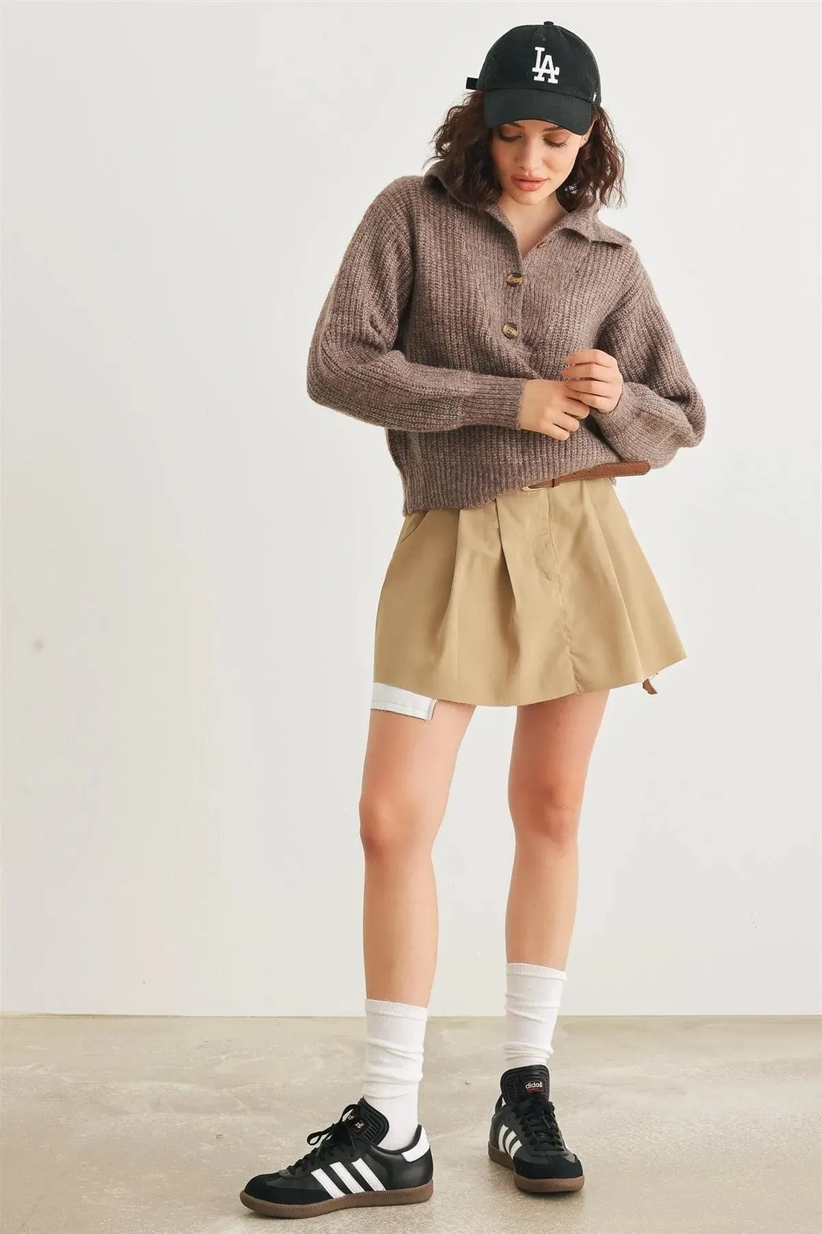 Wool Knit Button-Up Neck Crop Sweater Pullover