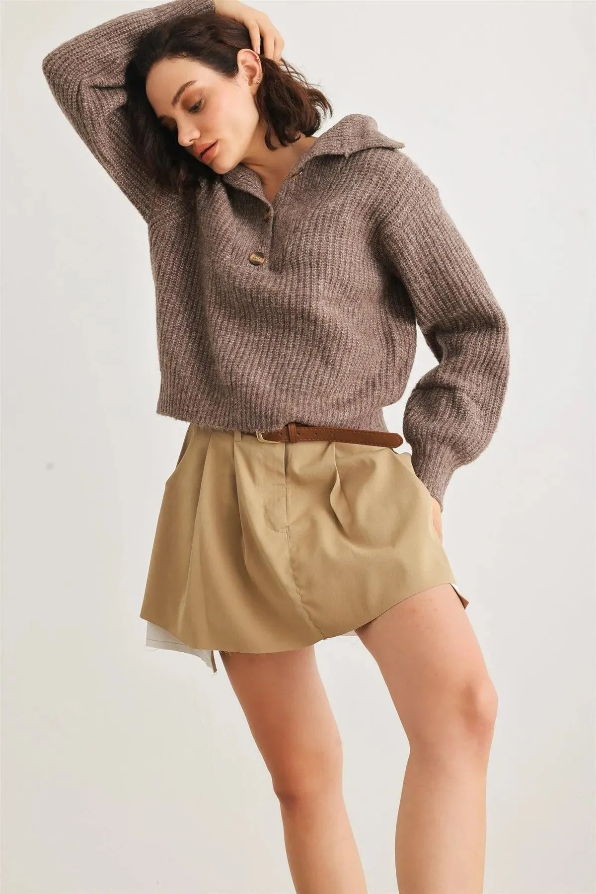 Wool Knit Button-Up Neck Crop Sweater Pullover