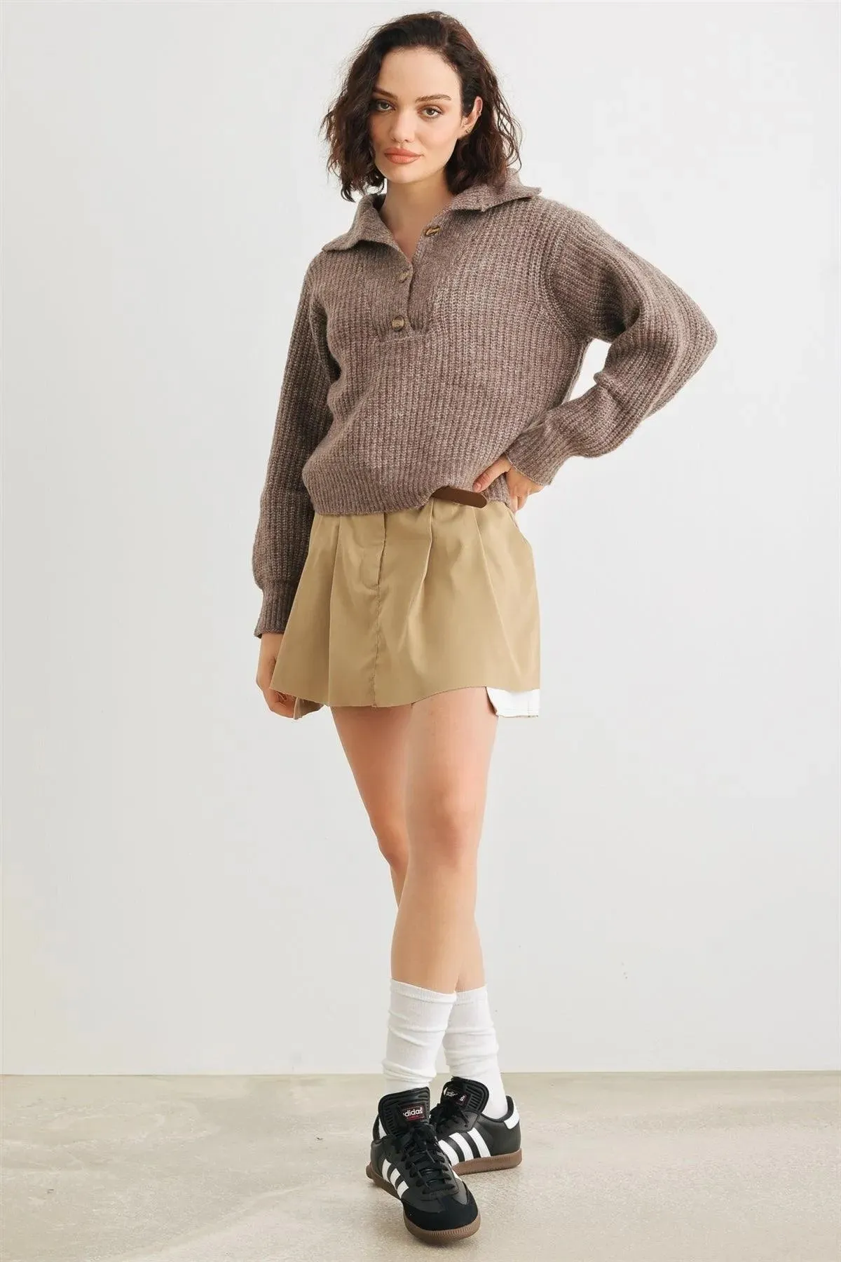 Wool Knit Button-Up Neck Crop Sweater Pullover