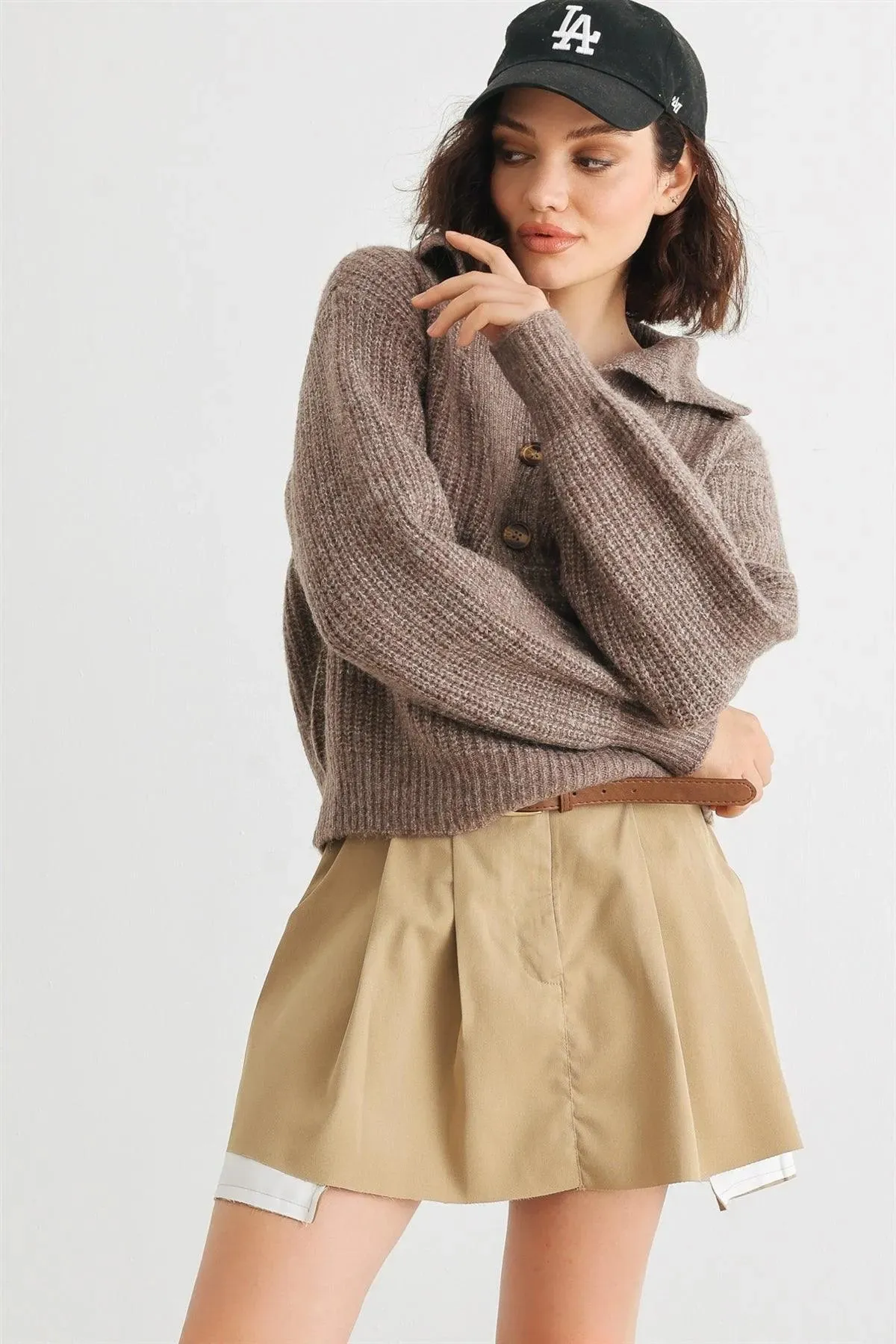 Wool Knit Button-Up Neck Crop Sweater Pullover