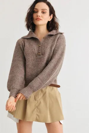 Wool Knit Button-Up Neck Crop Sweater Pullover