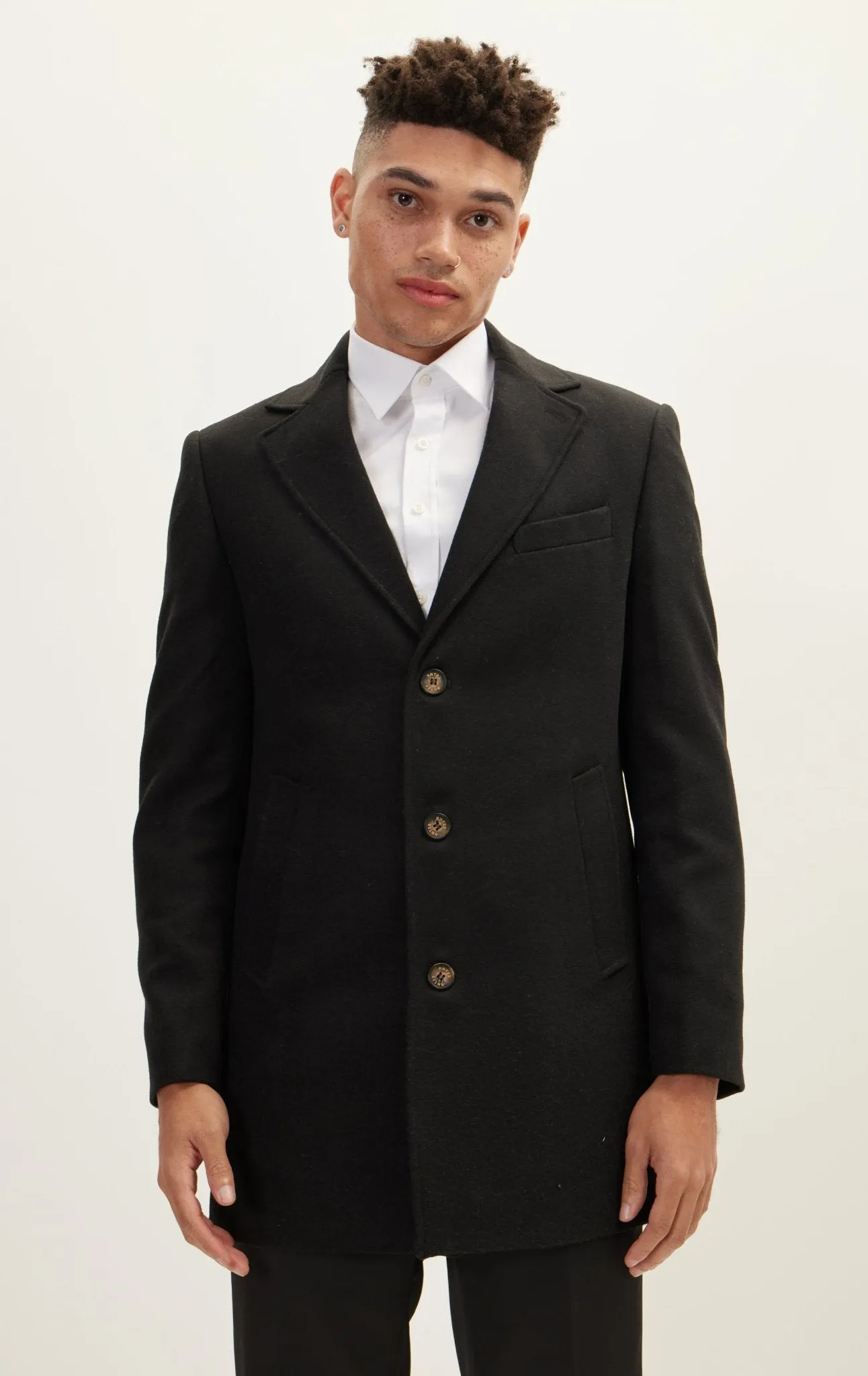 Wool Melange Mid-Length Overcoat - Black