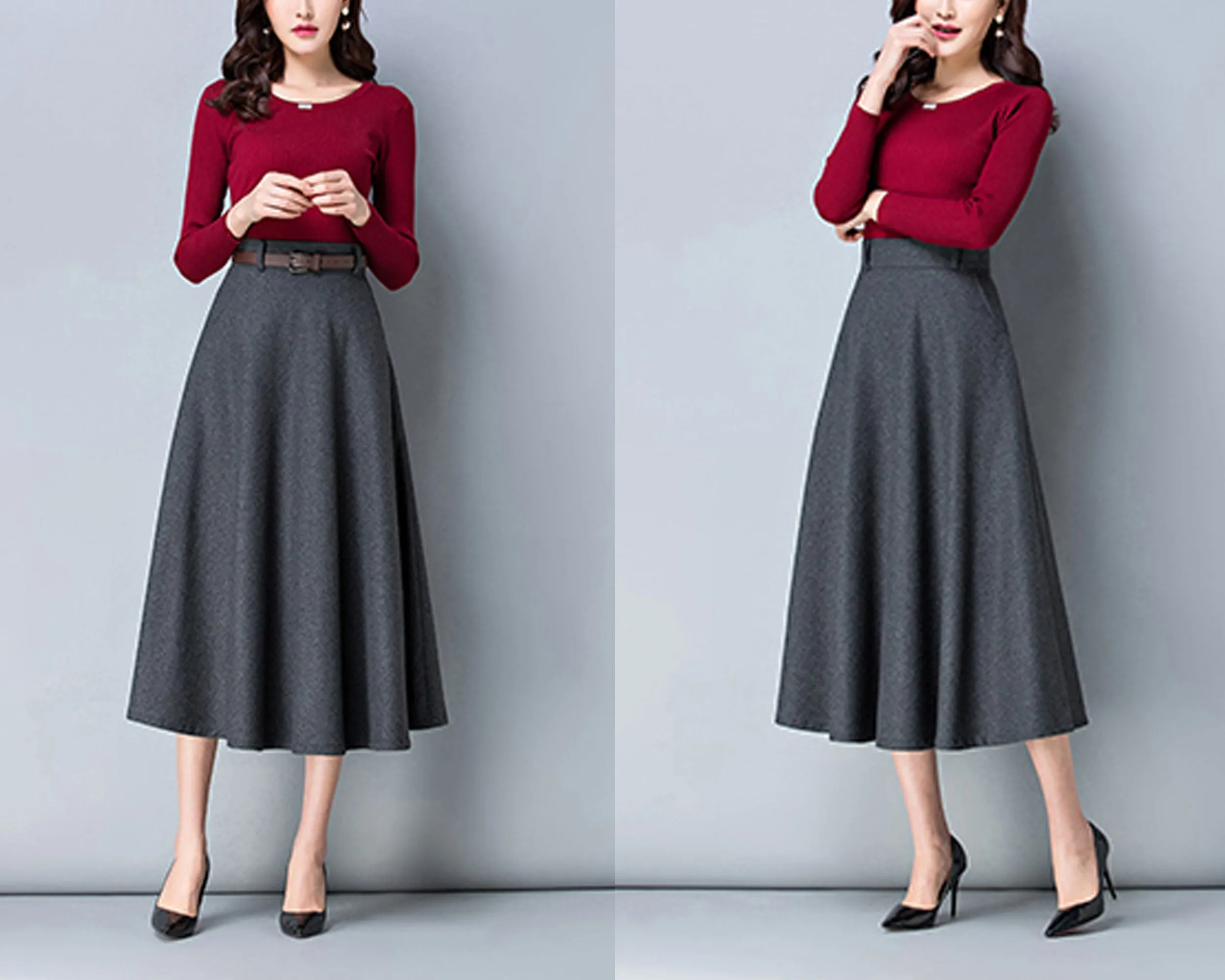 Wool skirt, midi skirt, Winter skirt, dark gray skirt, long skirt, vintage skirt, high waist skirt, flare skirt, Wool skirt with belt Q0025