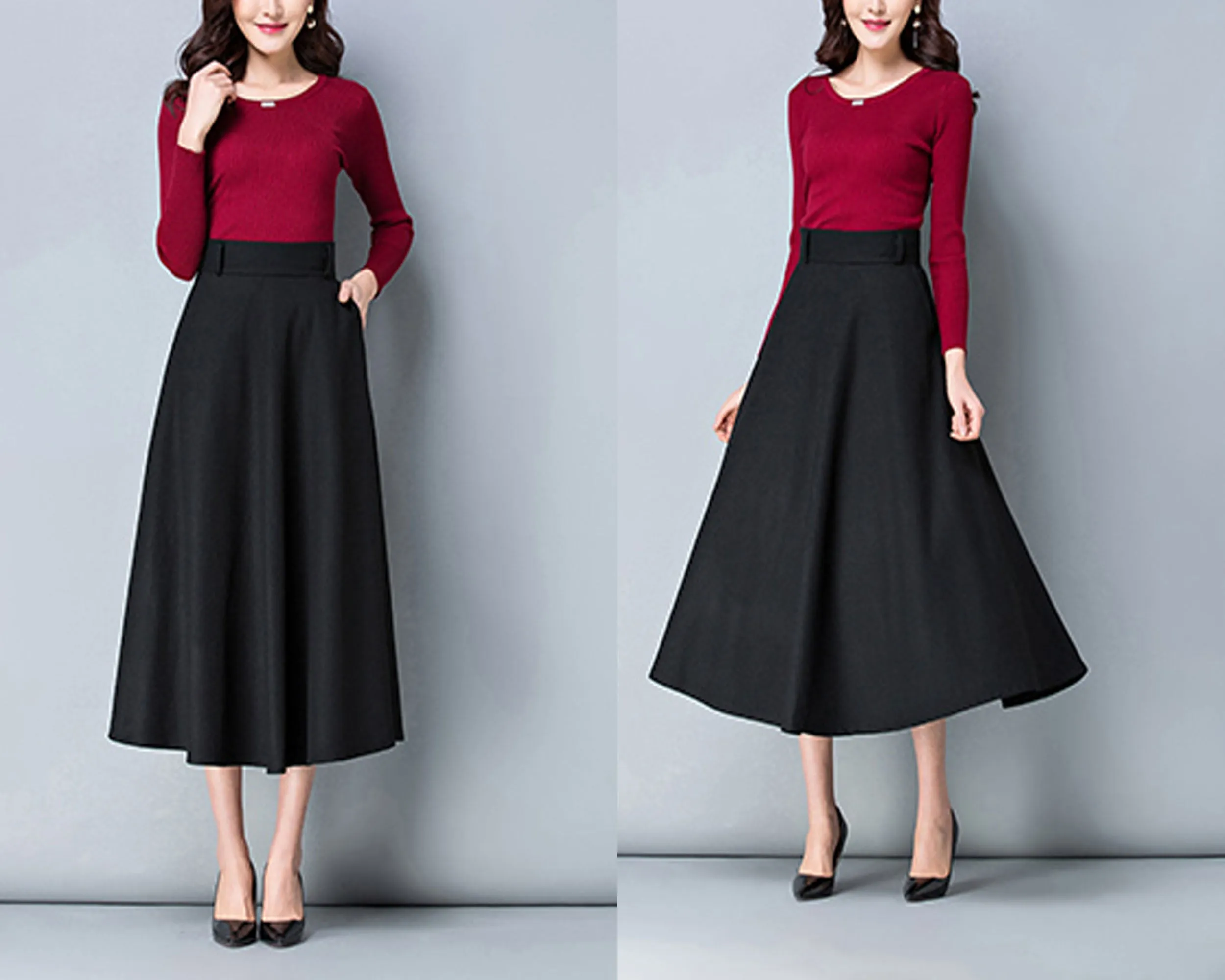 Wool skirt, midi skirt, Winter skirt, dark gray skirt, long skirt, vintage skirt, high waist skirt, flare skirt, Wool skirt with belt Q0025