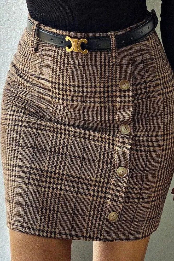 Woolen houndstooth high waist slim skirt