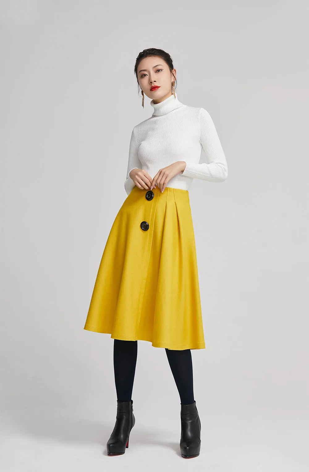 Yellow knee length pleated coat for women with high waist 2260