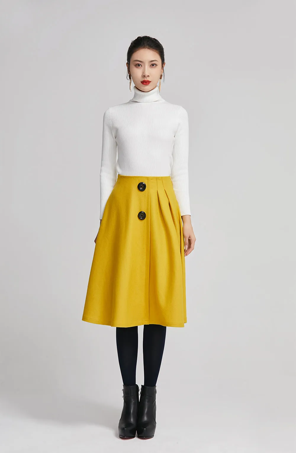 Yellow knee length pleated coat for women with high waist 2260