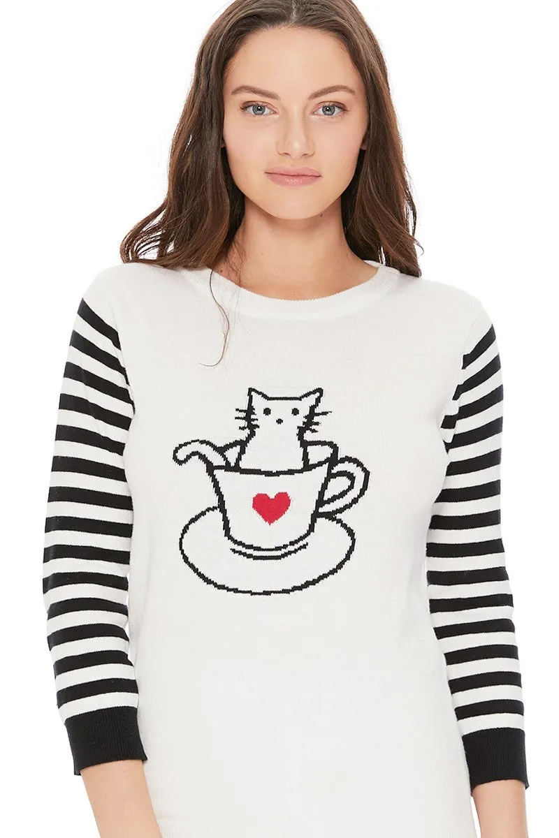 Yemak Women's 3/4 Striped Sleeve Round Neck Cat in a Cup Knitted Sweater Pullover MK3574