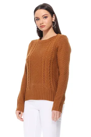 Yemak Women's Round Neck Long Sleeve Cable Knitted Sweater Pullover MK3312