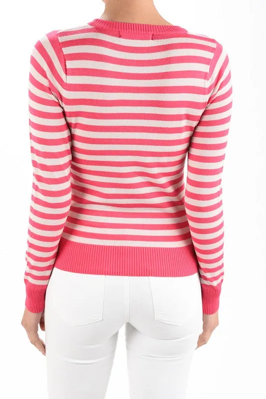 Yemak Women's Striped Pattern Round Neck Long Sleeve Sweater Pullover MK3494